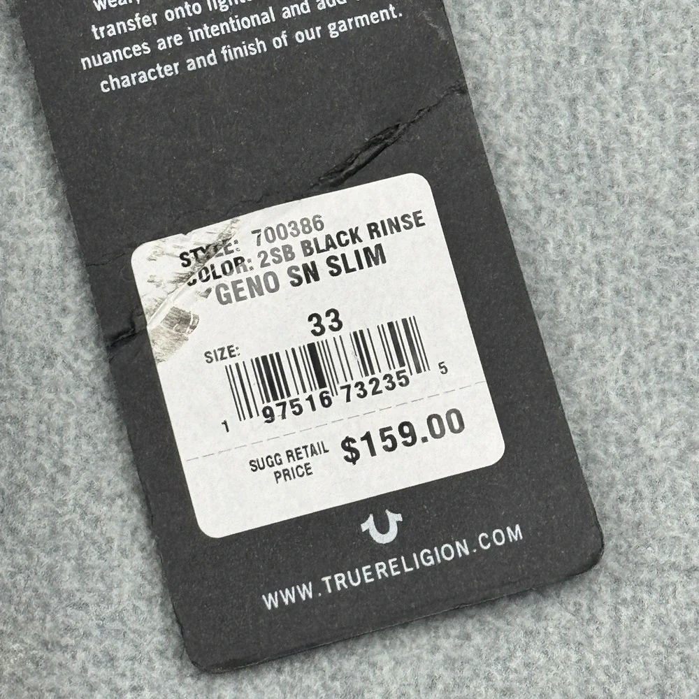 True Religion Jeans Mens 33X32 Black Rinse Denim Geno Relaxed‎ Slim Stretch NWT